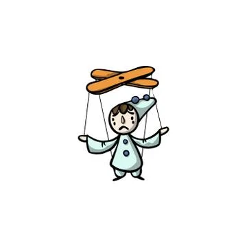 Puppet Pierrot with strings. Raster illustration in flat cartoon style Stock Illustration