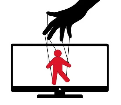 Puppet play TV puppet. Puppet theater audience deception. Vector illustration Stock Illustration