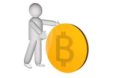 Puppet pushing a big golden bitcoin, 3d render Illustrazione stock