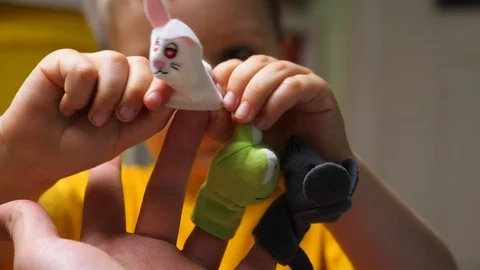 Puppet show background. Role games for children. Acquaintance with animals Stock Footage 113093057