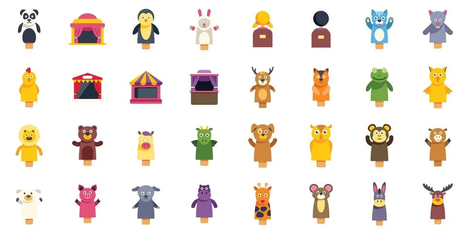 Puppet show icons representing various animal characters and stages Stock Illustration