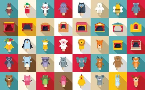 Puppet theater icons set flat vector. Marionette doll kid Stock Illustration