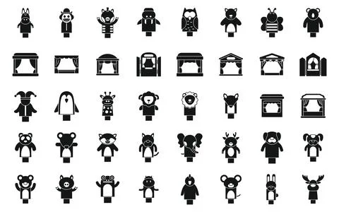 Puppet theater icons set simple vector. Marionette doll kid Stock Illustration