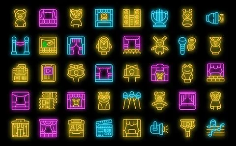 Puppet theater icons set vector neon 스톡 일러스트