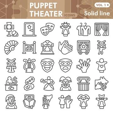 Puppet theater line icon set, dramatic art symbols collection or sketches Stock Illustration