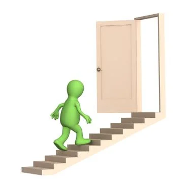 Puppet walking upstairs to an open door Stock Illustration