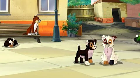Puppies in the Yard. Stock Illustration