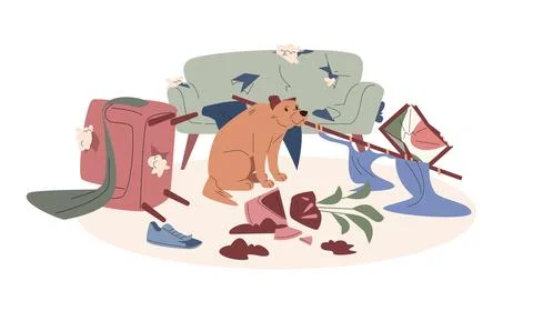 Puppy behavior problem. Dog destroyed tools and furniture. Sad pet and damaged Stock Illustration