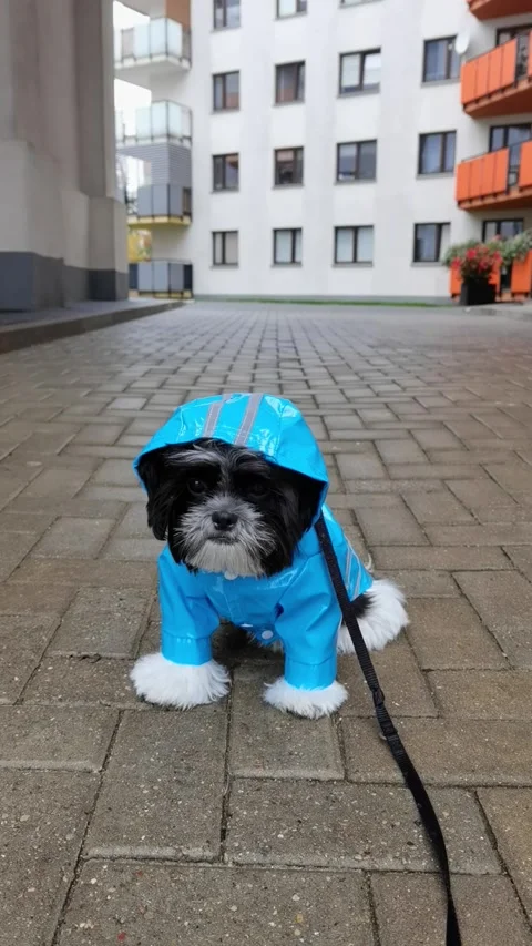 A puppy in a blue jacket with a hood does not want to go for a walk in the rain Stock Footage 278658705