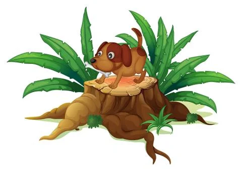 A puppy with a bone above the stump Stock Illustration