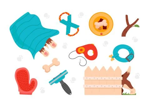 Puppy stuff. Nice set with dog care items. Toys, food bowl, bone, dog-collar Stock-Illustration