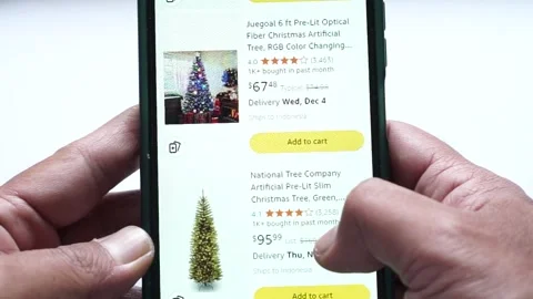 Purchase Christmas tree on smartphone screen, scrolling with price tag Stock-Footage 292340051
