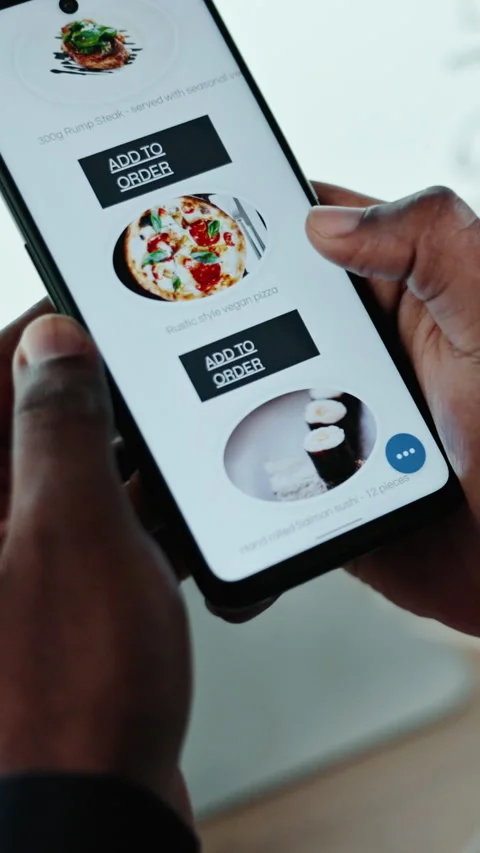 Purchase, delivery app and hands in agency with phone screen, order complete and Stock Footage 332890737