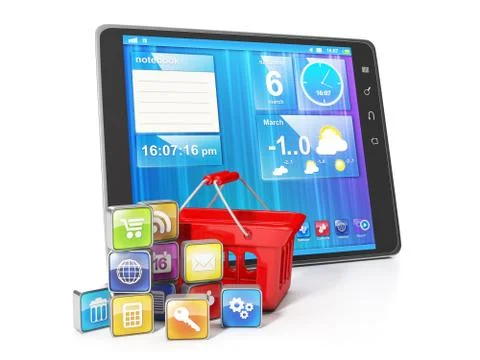 Purchase of mobile applications. tablet pc with korzhinoy shopping and applic Stock Illustration