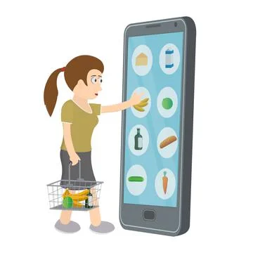 Purchase in an online store. Electronic commerce in smartphone app Ilustración de archivo