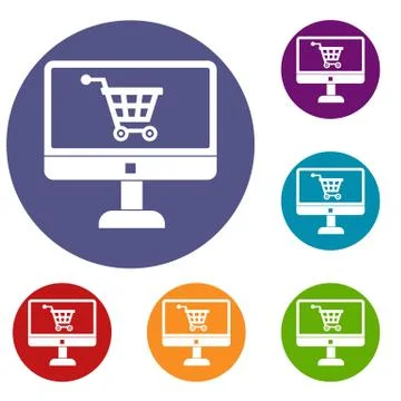Purchase at online store through computer icons Stock Illustration