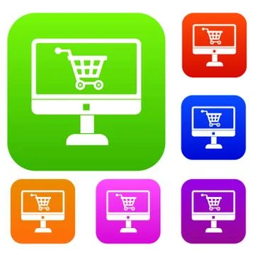 Purchase at online store through computer set collection Stock Illustration