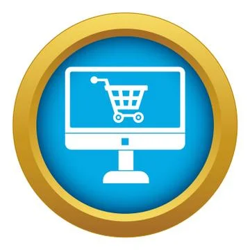 Purchase at online store through computer icon blue vector isolated Stock Illustration