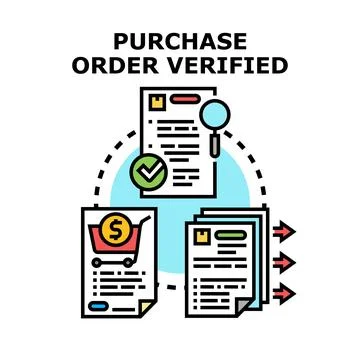 Purchase order verification process document management creating efficiency Stock Illustration