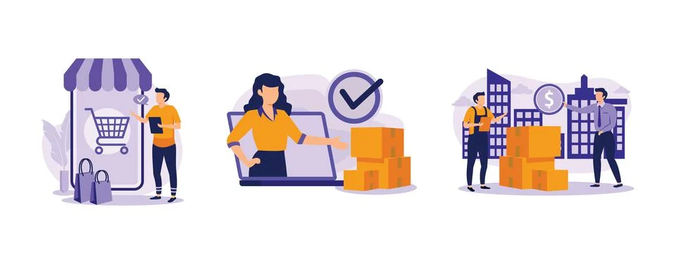 Purchase process. Order processed, complete, cash on delivery, online store, Stock Illustration