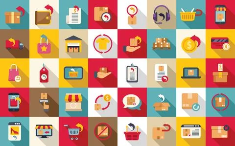 Purchase returns icons set flat vector. Receive refund store Stockillustratie