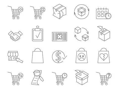 Purchase Returns Icons Set. Return Policy, Refund Process. Editable Stroke Stock Illustration