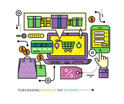 Purchasing, Delivery of Product via Internet Stock Illustration