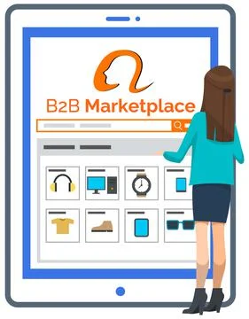 Purchasing manager looking at shopping program on screen. Customer woman chooses 스톡 일러스트