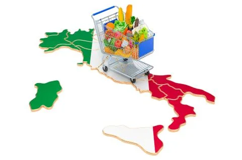 Purchasing power in Italy concept. Shopping cart with Italian map, 3D renderi Illustrazione stock