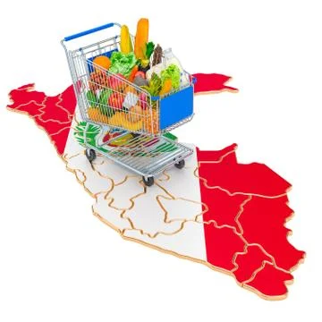 Purchasing power in Peru concept. Shopping cart with Peruvian map, 3D renderi Illustrazione stock