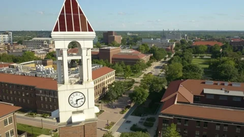 Purdue Bell Tower Revealed Backwards Aerial Fly Over Purdue University. Stock Footage 145513980