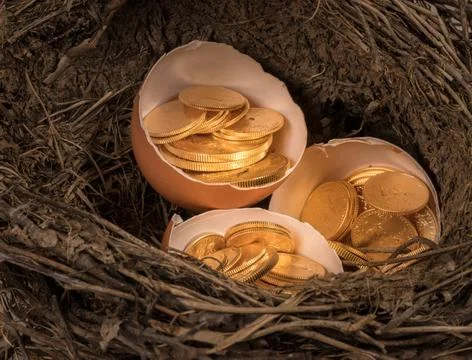 Pure gold coins in egg shell illustrating nest egg Selection of pure gold ... Stock Photos