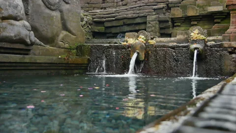 Pure holy spring water streams and stone decorations in Pura Tirta Empul Temple Stock Footage 193097507