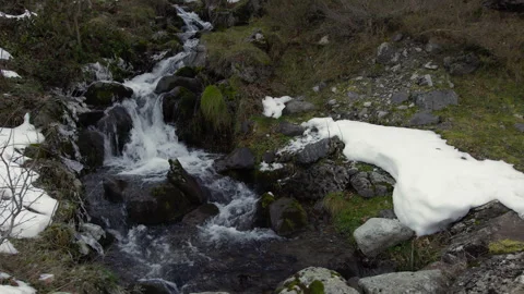 Pure mountain stream flowing through snowy landscape Video stock 306674330