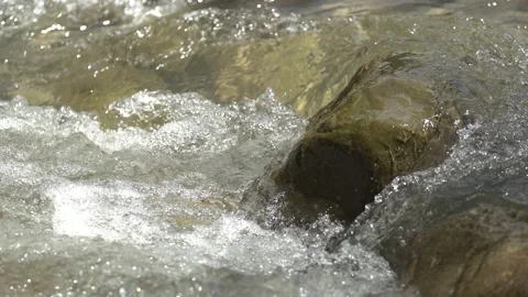 Pure mountain water flows over rocks covered with moss. pure mountain water Stock Footage 154636343