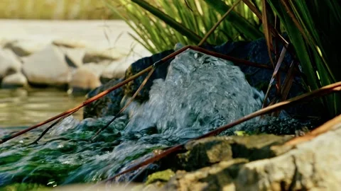Pure Water Bubbling and Flowing into Garden Pond Close Up 1 Stockbeeldmateriaal 343671775