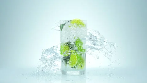 Pure Water Flow to Lime Drinking Glass on Bright Background and Splash Stock Footage 162567989