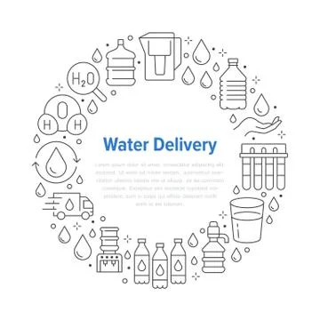 Pure water vector circle banner with flat line icons. Aqua filter, potable Illustrazione stock