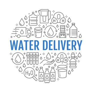 Pure water vector circle banner with flat line icons. Aqua filter, potable Illustrazione stock