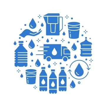 Pure water vector circle banner with flat glyph icons. Aqua filter, potable Stock Illustration