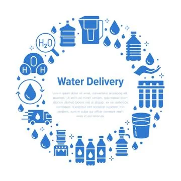 Pure water vector circle banner with flat glyph icons. Aqua filter, potable Illustrazione stock