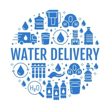 Pure water vector circle banner with flat glyph icons. Aqua filter, potable Stock Illustration