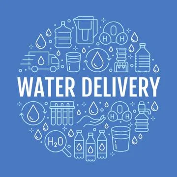 Pure water vector circle banner with flat line icons. Aqua filter, potable Stock-Illustration