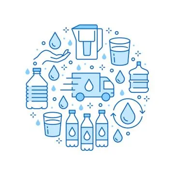 Pure water vector circle banner with flat line icons. Aqua filter, potable Illustrazione stock