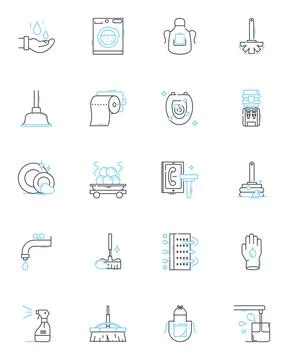 Purging linear icons set. Cleanse, Eliminate, Exorcise, Remove, Evacuate, Dump Stock Illustration