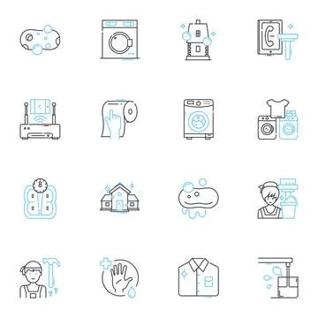 Purging linear icons set. Cleanse, Eliminate, Exorcise, Remove, Evacuate, Dump Stock Illustration