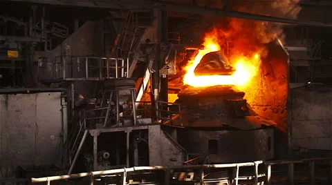 Purging metal in a basic oxygen furnace. overall plan slowed Stock Footage 54655209