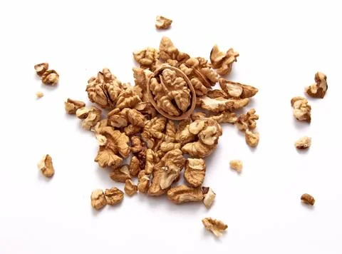 The purified kernel of a walnut isolated on a white background. Set or collec Stock Photos