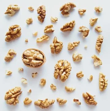 The purified kernel of a walnut isolated on a white background. Set or collec Stock Photos
