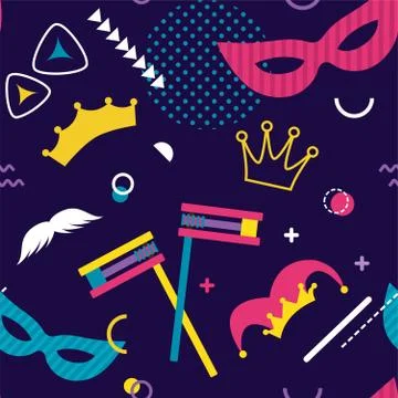 Purim carnival seamless pattern. Vector background with Jewish symbols, masks Stock Illustration